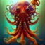 Placeholder: portrait of an octopus with fish in background in the style of Chris Ryniak