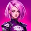 Placeholder: front face,profile picture,2dcg,anime art style,purple and white color,princess hair cut ghoul biker lady,pure pink color background,gore,violence,Decapitation,dismemberment,disturbing,Monster,guts,morbid,mutilation,sacrifice,butchery,meathooks,no hands,do not draw hands