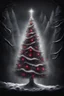 Placeholder: a beautiful illuminated silver and white light Christmas tree stands in a dark room, dark shadows behind it, and small evil red eyes shining behind it in the dark, scary atmosphere, little glimmering light, snow falling on the window, dark, deep colors, small details, surreal, thriller cinematic, masterpiece, intricate details