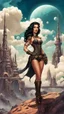 Placeholder: exotic sci-fi steampunk pin-up girl, with long dark hair, on an alien planet with cloud trees, tall spires, buildings, bridges, arches