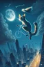 Placeholder: A pedaling cat riding a bicycle is flying at night in the sky over tall buildings.