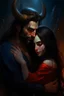 Placeholder: Painting, Beard, dark hair, demon prince, horns, handsome, mysterious, gentle, hugging a beautiful woman with long dark hair, celestial