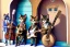 Placeholder: Group of three mature cats musicians, one cat playing guitar, one cat playing drums, one cat holding microphone and singing, street, Vienna, smiling, sunny day, model style, hyper realistic, extremely accurate, delicate, extremely detailed, Graphic novel style, wide-angle, open aperture, superfine pencil