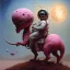 Placeholder: 1yo little boy is on safari on the moon. riding a pink dinosaur. he has big and a funny hat. High detailed. Cinematic. oil on canvas painting. Warm lights. beksinski