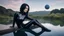 Placeholder: fantasy photo of a woman in an android looking catsuit, with black hair, sitting on a ledge over a pond, wearing an android-looking catsuit, sideways, with a planet behind her
