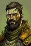 Placeholder: a fantasy zombie soldier. dark short hair, short beard. paladin armour, color green gold and yellow. missing part of cheek from rot. drawing.