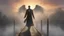 Placeholder: constantine, walking straight ahead over a wooden bridge, holding the angel of death with your right hand, entering the fog at the end of the road that leads to the afterlife, and a beautiful sunset and galaxy's behind the fog, realistic