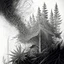 Placeholder: Sketch a composition where intricate smoke patterns transform into a forest of towering trees made entirely of crushed weed leaves, filling the canvas with a surreal and visually captivating asymmetrical patterns. Pencil sketch Drawing