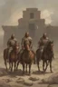 Placeholder: Three wild barbarians, on horseback, stand against the background of a destroyed pagan temple. 1st-8th century AD. Stern men with long moustaches, with swords and bows in animal skins, with bare chests and without armor and without helmets. in summer. Shields and spears are in their hands. Ancient cities are burning behind. Everything is in high-quality rendering. A lot of air. 8K