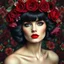 Placeholder: The focal point is a woman's face, adorned with dramatic makeup, particularly her vivid red lips. Her gaze is intense and captivating. The woman's hair is styled into an elaborate floral crown featuring deep red roses and other flowers, creating a halo-like effect around her head. This crown melds with her dark hair, which frames her face elegantly. What's particularly striking is the surreal, layered quality of the image. The woman's body seems to merge with or emerge from a background rich wit