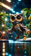 Placeholder: owl gremlin in water slide in the middle of crazy dance moves dancing on buss parked in dark lit reflective wet jungle hall tunnel,bokeh like f/0.8, tilt-shift lens 8k, high detail, smooth render, down-light, unreal engine, prize winning