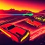 Placeholder: art deco, cyberpunk, two neon muscle cars, race, speed, desert road, sunset, full colour, hd,