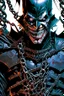 Placeholder: a close up of a person holding chains, the batman who laughs, jason fabok. greg staples, arkham city, gabriele dell'otto, joker wearing vader's armor suit, by Ryan Stegman, joker wearing vader's armor, david tennant as spawn, as illustrated in top cow comics, grotesque joker, venomized, jason fabok