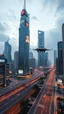 Placeholder: City of tomorrow made of futuristic building and flying android and lights and big screen on the building of highways and streets lights