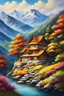 Placeholder: Beautiful house on a mountain, traditional painting, vibrant colors, breathtaking landscape, high quality, traditional art style, warm tones, natural lighting