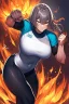 Placeholder: fighter girl with fire in her fist ready to fight tight sport shirt and leggins