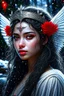 Placeholder: depth of field, photorealism, downlight, Magic camping site, beautiful angel, ornate dress uniform, casting spell water snow fly, black wavy hair, enchanted fantasy, cinematic composition, very detailed red machine components, one camera lens eye and shiny black hair, hazel green eyes, 24k, ornate, intricate, complex, digital painting, smooth, art by royo and tom bagshaw.