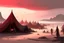 Placeholder: painting, landscape, artistic, illustration, artstation, black desert, black sand, bleak, pale red sky, large bustling camp, tigtly packed leather tents, vereshagin style