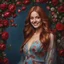 Placeholder: (best quality, 4k, 8k, highres, masterpiece:1.2), ultra-detailed, (realistic, photorealistic, photo-realistic:1.37),hyper realistic, gorgeous smiling 1woman,long hair,looking at viewer,realistic proportions,blue eyes,hair ornament,dress,very long hair,flower,red hair,parted lips,necklace,white dress,orange hair,lips,blurry background,freckles,realistic,head wreath,orange flower,realistic portrait