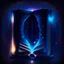 Placeholder: A closed book in a bookshelf with colored edges, dark blue glowing light, fantasy, magic, dark, stars, sparkle