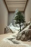 Placeholder: Photograph, NO PEOPLE, a mass of terrain, giant museum space, tree, high walls, high peak in a room, rag, powder, brook, sediments, deflagration of the background, geological formation, light, architecture, minimalist, details of the terrain very accentuated, 8k, deep 3d field, sharp, brutalist, hasselblad h6d400c --ar 85:128 --v 6.0