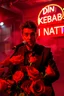 Placeholder: An spanish Guy with big eyes "Enrique" performing at dance club, his name is "Enrique" Red roses On stage, red Neon lights and smog, and "Din KEBAB I NATT" big sign on the wall, serenade under balcony