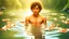 Placeholder: Young teen boy floating in water, relaxing, wearing short shorts, eyes closed, curly hair, full lips smiling, aesthetic physique, cute face, shirtless torso, warm skin tone, flawless skin, small nipples, thick curly hair, arms posed behind head, koi fish below surface, full body, forest background, low camera angle, calm clear water, dreamy atmosphere, high resolution,