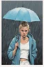 Placeholder: Standing in the grey-north sea with white clothes. Girl with a bun. Rains heavily. You see her face, blues eyes and blond hair. She holds and umberella. Pop-art. Umberella is petrol blue. You see her whole body. The rain paints her jacket blue.