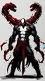 Placeholder: A close picture of Venom symbiote with kratos red tattoos and Clothes, holding blade of choice