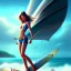 Placeholder: beach with boat, portrait of levitating fair girl with bat wings surfing, fantasy art, movie poster