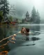 Placeholder: Portrait Romantic European couple swimming kissing together in lake Wonderful landscape fantasy early morning heavy fog photography art Rivendell village,lake,magical forest and houses,beautiful mushrooms,roses flowers,little waterfall,lake,close up photo beautiful romance couples on swimming together in lake