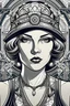 Placeholder: female portrait of a female gangster in line art style with tattoos in art deco with intricate details in 18k