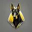 Placeholder: Front logo. 3D. Black, yellow and white palette Doberman dog in artistic style, minimalist