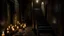 Placeholder: Walking in the dark basement with cautious steps, using candles to light the way, and hearing the voices of evil spirits trying to scare them.