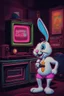 Placeholder: a neon sign of the easter bunny playing a video game in front of an old tv set