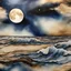 Placeholder: Alcohol ink art with thin black and gold lines at boundaries. Hyper realism, Fantasy, Surrealism, HD, Detailed. Centered. Shades of white, gold, tan, and deep blue. A beach with fine sand. Very large full moon on horizon. Reflection. Waves splashing in the night. Seashell. The sky filled with the cosmic wonder of the Milkyway. Starlit night.