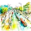 Placeholder: Basic sketch drawing with watercolors of highways with sidewalks, pedestrians, cycle paths, traffic lights and signage