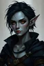 Placeholder: dungeons and dragons elf female warlock, gray skin, short ink black hair, dark gold eyes , has several silver ear piercings ,wears clothes made for clandestine night missions, portrait