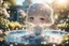 Placeholder: double exposure, only dots and pebbles, cute chibi anime girl, fountain, garden, forget me nots and roses in sunshine, backlit, ethereal, cinematic postprocessing, bokeh, dof