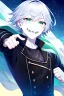 Placeholder: plauge doctor in balck leather clothes with silver hair, pale skin and bright green eyes smiling with sharp teeth, nice young face, male, viscious smile