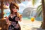 Placeholder: 3D video game characters, a brown-haired blue-eyed plus sized woman in a black dress with white and pink flowers at the beach in sunshine, tiki bar, cocktails, hearts, waterfall, happiness