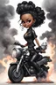 Placeholder: Create a digital airbrush illustration of a chibi cartoon full figure black female riding a sports motorcycle. She is wearing tie dye and black tights with biker boots. Prominent make up with log lashes and hazel eyes. Extremely highly detailed black shiny wavy hair up in a messy bun. Background of smoke surrounding her and the bike and she's at a bike show.