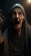 Placeholder: Crafting a terrifying 8K depiction of an evil old Arabic woman rising hand up ,His presence exudes an unsettling aura of malevolence, instilling fear in all who behold him.