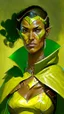 Placeholder: A tall woman with tanned skin. Her face, marked by the years, always has a smirk on it, showing her superiority in the eyes of the others. She is dressed in leather armor and wears a yellow and green cape. A scar runs from her right ear to her neck.