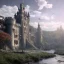 Placeholder: fairy tail castle with beautiful woman and wolf in the foreground