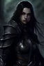 Placeholder: Young female elf, very beautifull, standing and holding two daggers, she is medium long with black long hair, her skin is grey or light black, her eyers are silver shiny, very dark black leather armors on her, and dark brown cape, fantasy, make good hero picture