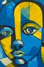 Placeholder: a cubism textured blue and yellow painting of a black child by picasso