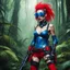 Placeholder: [humid jungle forest] thin blue Tank Girl alien warrior with goggles red boots and corset with ray guns