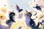 Placeholder: two cute anime chibi cats on either side of the picture looking at a pigeon in the top centre of the picture, flying with an envelope in its mouth in sunshine, flowerfield, watercolor and black ink outlines, ethereal, cinematic postprocessing, bokeh, dof