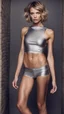 Placeholder: photography of a beautiful anorexic woman, silver satin top, sports illustrated, short wavy bob haircut, pronounced sternum